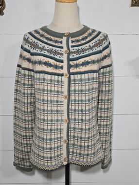 Appleseed's Limited Edition Vintage Fair Isle Yoke Plaid Cardigan Sweater PM